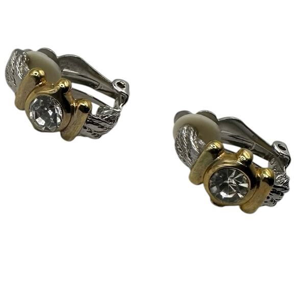Vintage Rhinestone Gold and Silver Tone Clip-On Earrings with Clear Stones - Picture 5 of 6